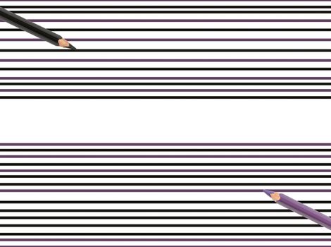 Abstract composition with black and purple lines and pencils