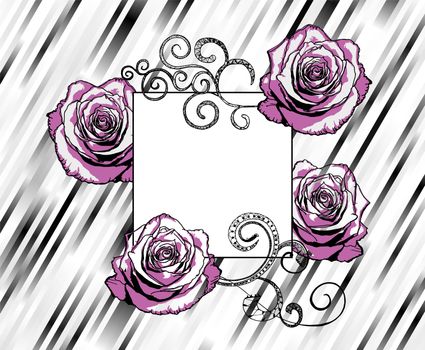 pink and black roses on retro style black and white striped background