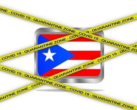 COVID-19 warning yellow ribbon written with: Quarantine zone Cover 19 on Puerto Rico flag illustration. Coronavirus danger area, quarantined country.