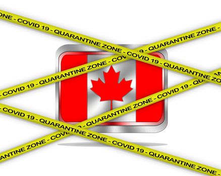 COVID-19 warning yellow ribbon written with: Quarantine zone Cover 19 on Canada flag illustration. Coronavirus danger area, quarantined country.