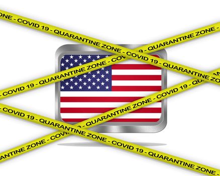 COVID-19 warning yellow ribbon written with: Quarantine zone Cover 19 on Usa flag illustration. Coronavirus danger area, quarantined country.