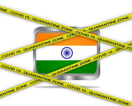 COVID-19 warning yellow ribbon written with: Quarantine zone Cover 19 on India flag illustration. Coronavirus danger area, quarantined country.