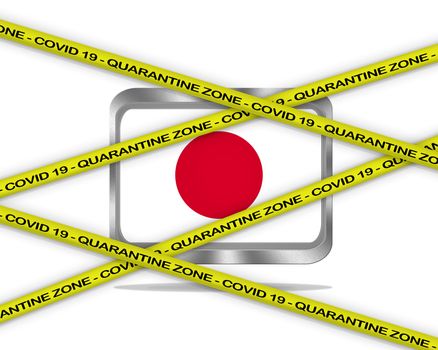 COVID-19 warning yellow ribbon written with: Quarantine zone Cover 19 on Japan flag illustration. Coronavirus danger area, quarantined country.