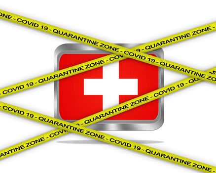 COVID-19 warning yellow ribbon written with: Quarantine zone Cover 19 on Switzerland flag illustration. Coronavirus danger area, quarantined country.