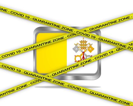 COVID-19 warning yellow ribbon written with: Quarantine zone Cover 19 on Vatican flag illustration. Coronavirus danger area, quarantined country.