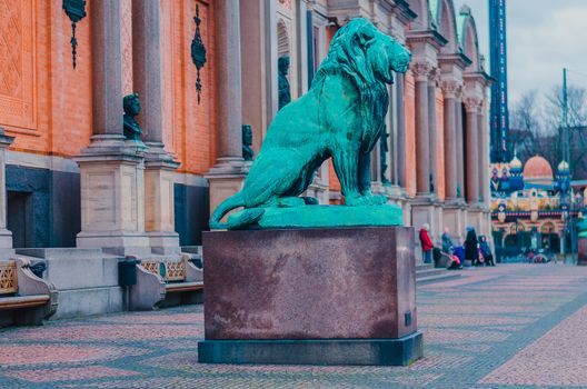 Statue of a lion near Ny Carlsberg Glyptotek. Copenhagen, Denmark