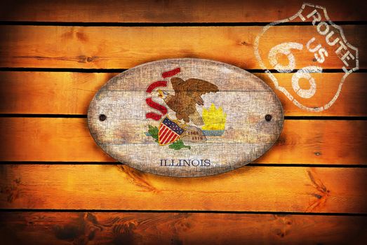 Brown wooden planks with the Illinois flag and shield of Route 66.