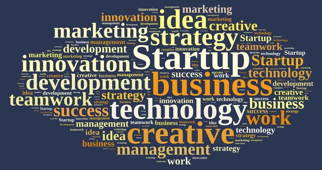 Illustration with word cloud with the word Startup.