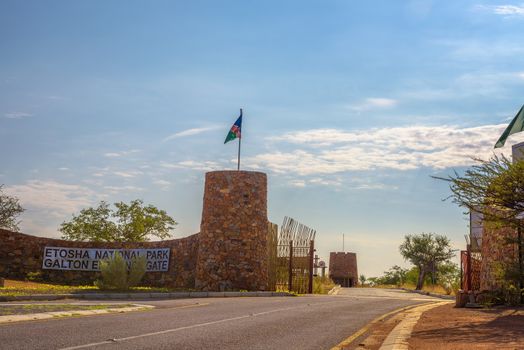Opened Galton Gate to Etosha National Park in Namibia, south Africa