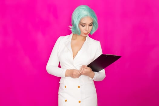 Beautiful young woman with short blue hair in a white business dress jacket holding a black folder with documents