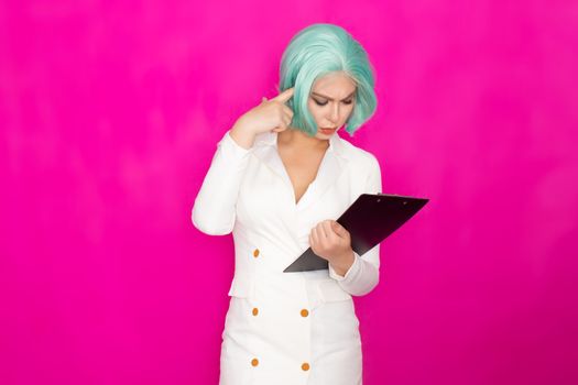 Beautiful young woman with short blue hair in a white business dress jacket holding a black folder with documents