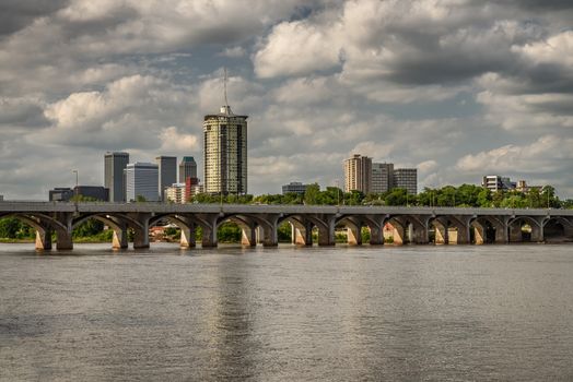 Skyline of Tulsa, Oklahoma with Arkansas river in the foreground