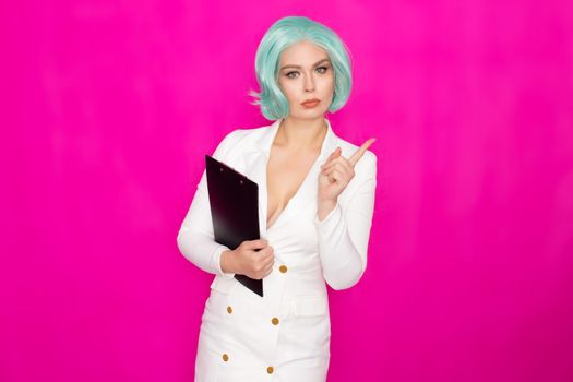 Beautiful young woman with short blue hair in a white business dress jacket holding a black folder with documents