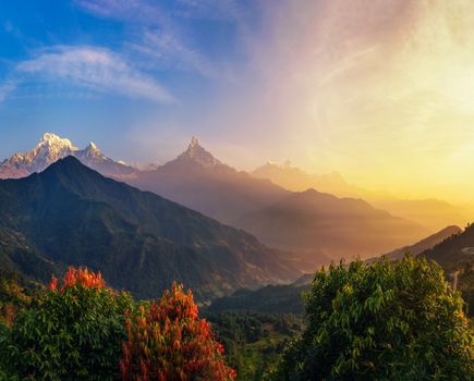 Colorful sunrise over Annapurna. Annapurna is a collection of mountains in the Himalayas near Pokhara in Nepal