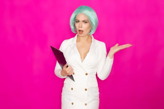 Beautiful young woman with short blue hair in a white business dress jacket holding a black folder with documents