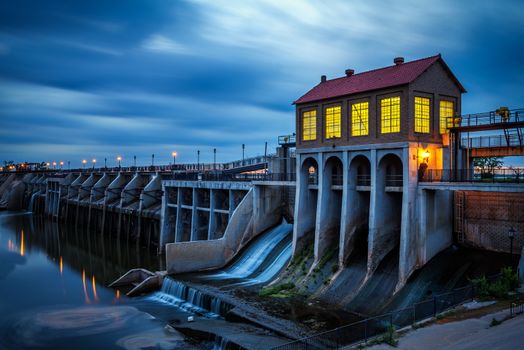 Lake Overholser Dam in Oklahoma City after sunset. It was built in 1918 to impound water from the North Canadian river. Long exposure.