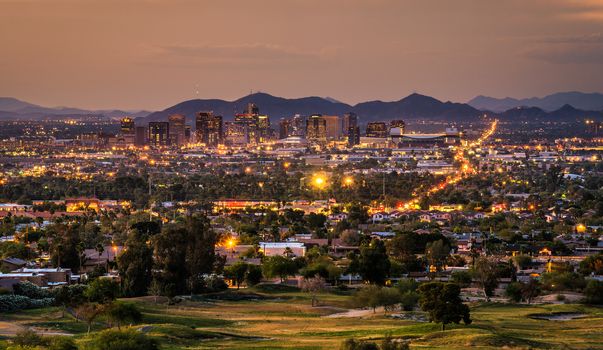 Aerial view of Phoenix Arizona skyline at sunset