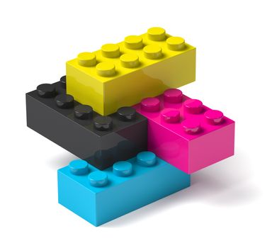 3D toy building blocks of four printing process cmyk colors cyan magenta yellow black