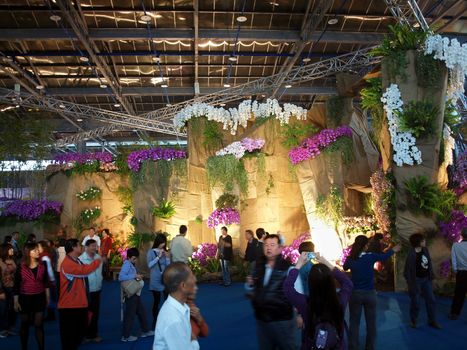 TAINAN, TAIWAN - MARCH 14: An artistic design made from flowers and rock that is part of the exhibition at the 2013 Taiwan International Orchid Show on March 14, 2013 in Tainan.