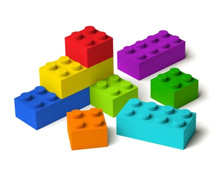Group of building blocks in rainbow colors isolated on white background 3D