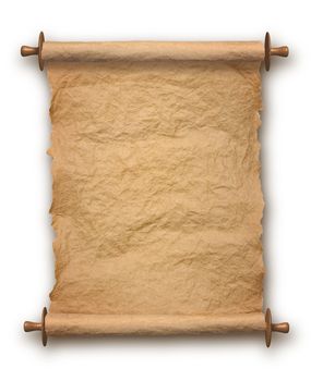 Old rolled blank parchment paper roll vertical on white background, with drop shadow