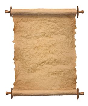 Old rolled blank parchment paper roll vertical on white background