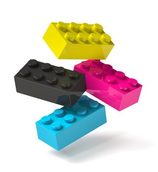 3D toy building blocks of four printing process cmyk colors cyan magenta yellow black flying in mid-air