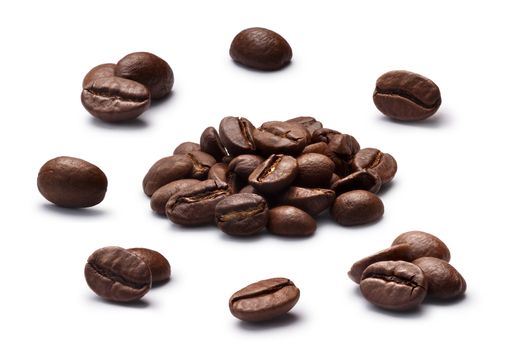 Set of roasted coffee beans or split flat berries, dark, chiaro, in piles and alone. Clipping path for each object, shadows separated
