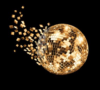Vintage disco mirror ball breaking into golden flying glass fragments on black background