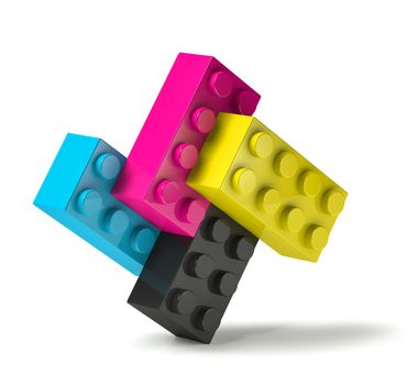 3D toy building blocks of four printing process cmyk colors cyan magenta yellow black 