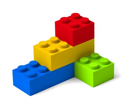 Four colorful toy 3d building block bricks assembly perspective view