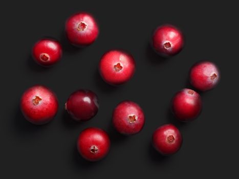 Wild cranberries (Vaccinium oxycoccus) on black, top view. Clipping paths, shadow separated