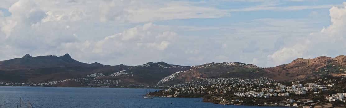 Mediterranean coast and cloudy sky, beautiful panoramic sea view and coastal nature scene