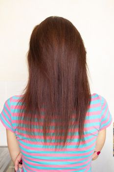 Woman's long straight chestnut hair.