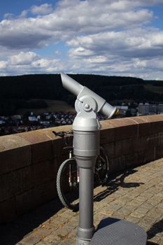 Observation deck of an old castle in Germany. Beautiful views of the surroundings and blue sky with clouds.