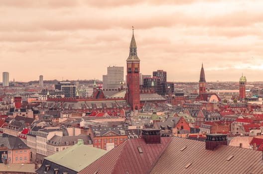 Panoramic view over the rooftops of Copenhagen, Denmark.