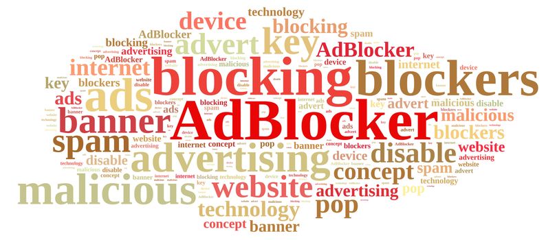 Illustration with word cloud on ad blockers.