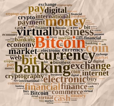 Illustration with word cloud relating to Bitcoin.