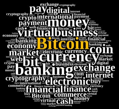 Illustration with word cloud relating to Bitcoin.