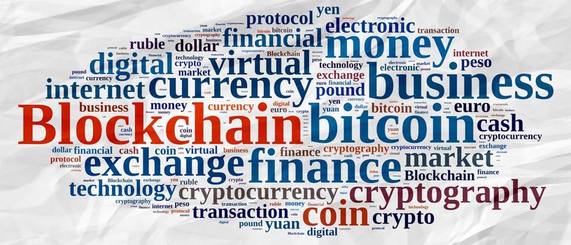 Illustration with word cloud with the word Blockchain.