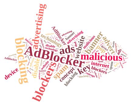 Illustration with word cloud on ad blockers.