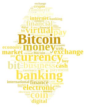 Illustration with word cloud relating to Bitcoin.