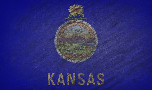 Close-up of national Kansas state flag painted with colored chalk on a blackboard. 3D rendering