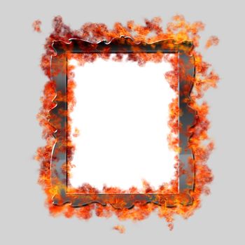 Burning framed mirror on grey background