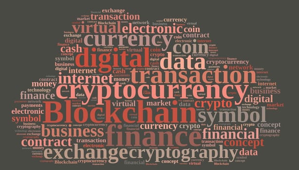 Illustration with word cloud with the word Blockchain.