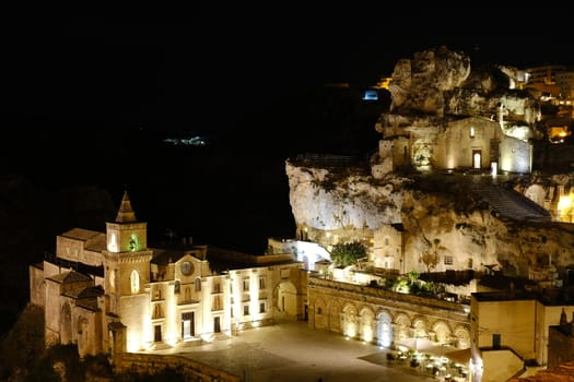 Church of San Pietro Caveoso in Matera. Above, the Rock Church of Santa Maria di Idris. Night view.
