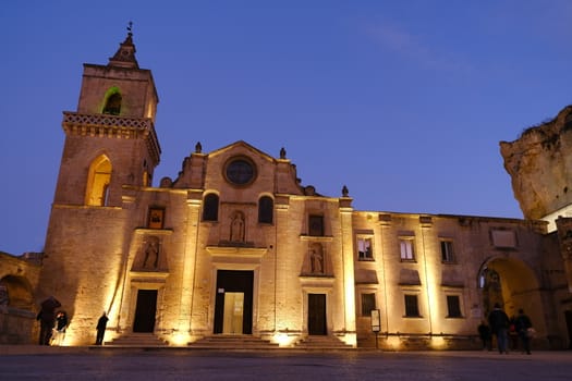 Church of San Pietro Caveoso with night lighting. Facade built with tuff blocks.