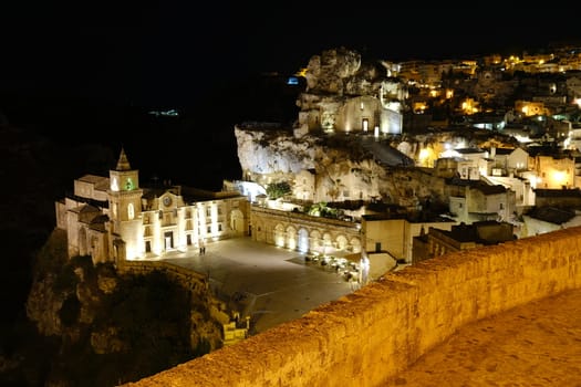 Church of San Pietro Caveoso in Matera. Above, the Rock Church of Santa Maria di Idris. Night view.
