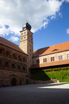 Observation deck of an old castle in Germany. Beautiful views of the surroundings and blue sky with clouds.