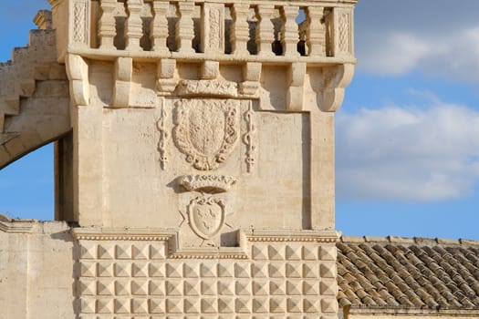 Materdomini Church in Piazza Vittorio Veneto of Matera. Built flat bell tower with balustrade in beige tuff.